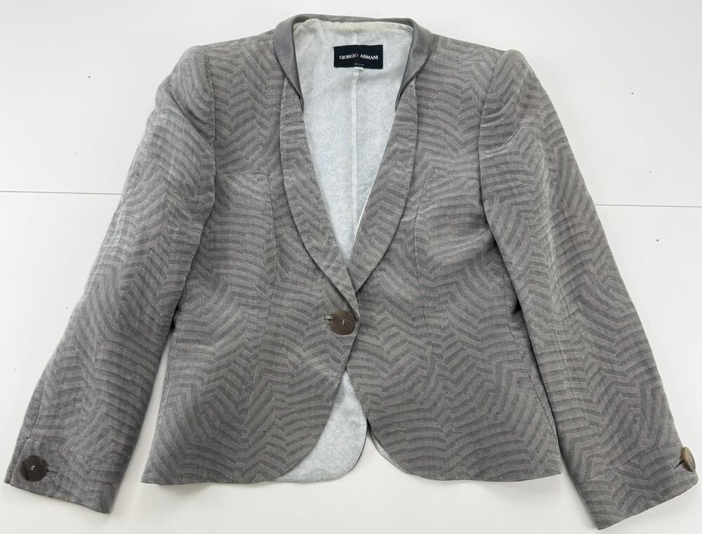 Giorgio Armani Womens Blazer 44 Gray Linen Silk Chevron Jacket Made Ital